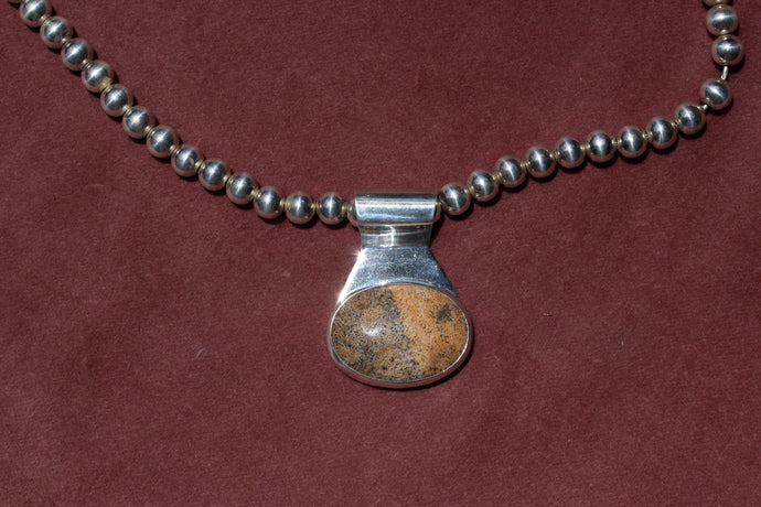 Jasper Pendant + Silver Bead Strand